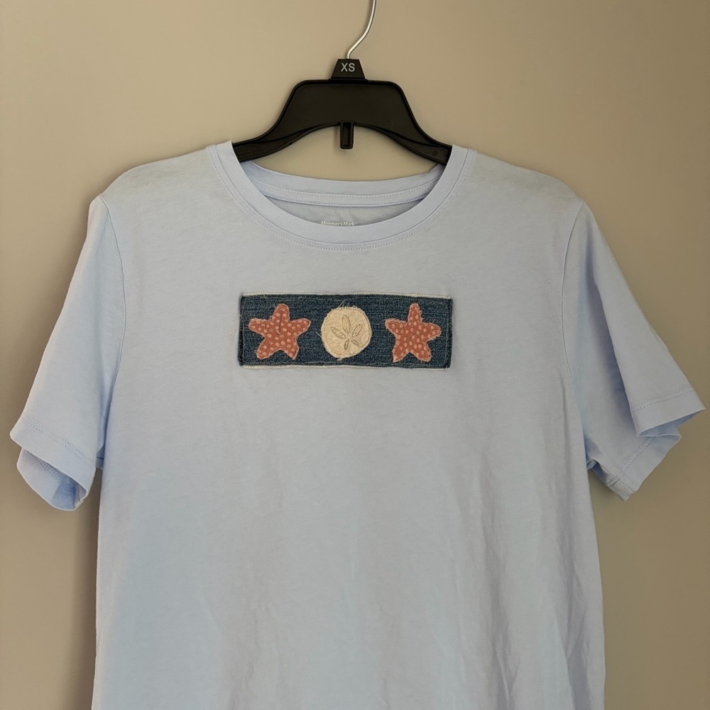 Handmade Sand Dollar Starfish Patchwork Denim Patch Womens Blue Shirt Size Small